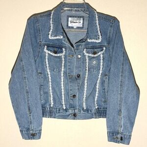 Between‎ Us Womens Size S Denim Jacket White Lace Trim Beaded Embellished Blue